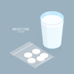 isometric medicine pills zip bag, glass of water swallow pills vector