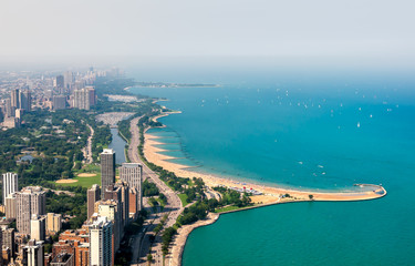 Naklejka premium Top view of Michigan lakefront and Chicago Skyline with skyscrapers, Illinois, USA