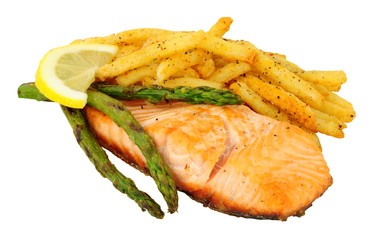 Grilled salmon fillet and French Fries meal with asparagus isolated on a white background