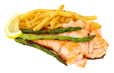 Grilled salmon fillet and French Fries meal with asparagus isolated on a white background