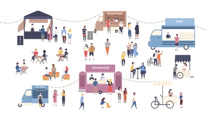 Summer outdoor street food festival. People walking between vans or caterers, buying meals, eating and drinking, taking selfie, talking to each other. Flat cartoon colorful vector illustration.