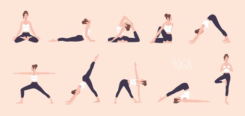 Collection of young woman performing physical exercises. Bundle of female cartoon character demonstrating various yoga positions isolated on light background. Colorful flat vector illustration. - obrazy, fototapety, plakaty
