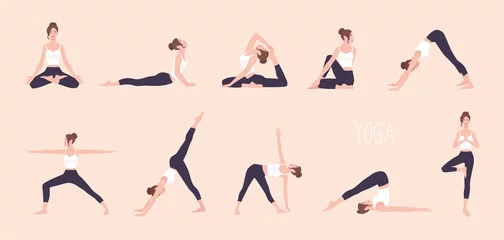 Fotobehang Collection of young woman performing physical exercises. Bundle of female cartoon character demonstrating various yoga positions isolated on light background. Colorful flat vector illustration. © Good Studio