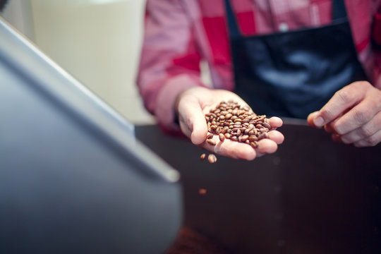 Photo of young businessman holding roasted coffee beans near industrial coffee grinder