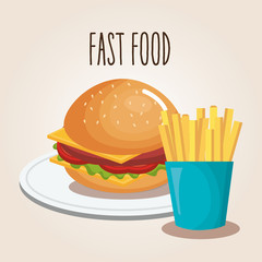 delicious burger and fries potatoes fast food icon vector illustration design