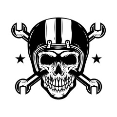 Skull in racer helmet with crossed wrenches. Design element for logo, label, emblem, sign.