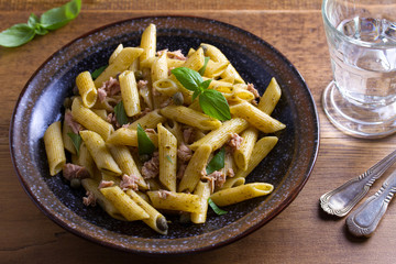 Tuna, basil and caper penne. Pasta with tuna fish