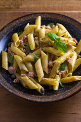 Tuna, basil and caper penne. Pasta with tuna fish