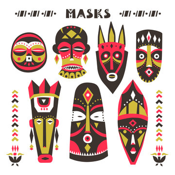 Vector collection of hand-drawn African masks, totems, amulets.