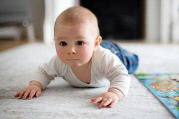 Cute little baby boy, playing at home, crawling