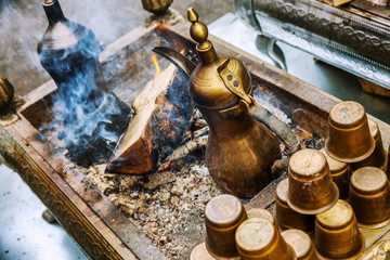 Oriental tea set, copper kettle with bowls