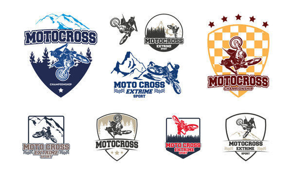 Set of Motocross Jump Logo Vector, Motocross Freestyle Logo Badge with forest and mountain symbol vector