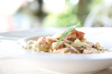 Spaghetti carbonara white sauce with bacon and cheese