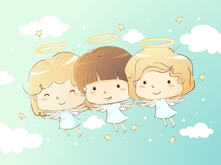 Kids Angels Flying Illustration