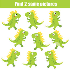 Find the same pictures children educational game. Animals theme, green dinosaurs
