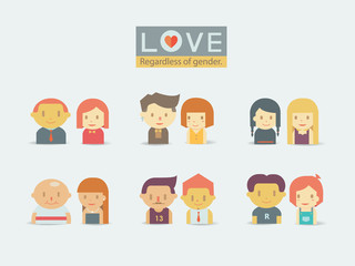 Love,regardless of gender. man, woman, gay, lesbian,bisexual. Flat design cartoon character.