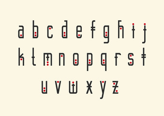 Vector alphabet set. Lowercase letters in geometric ethnic style with red points. For hipster theme, trendy posters.