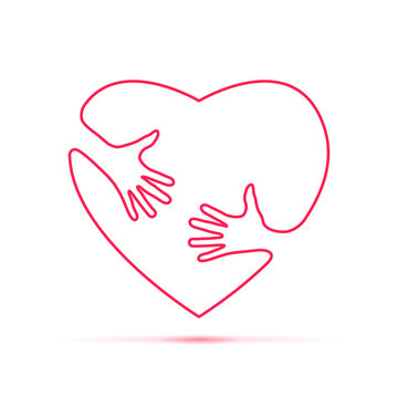 Linear silhouette of heart with hands, hugging heart, concept of love and care, happy valentine day
