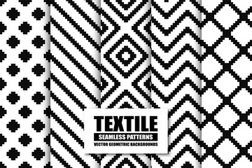 Collection of textile seamless patterns - stylish geometric backgrounds. Black and white texture