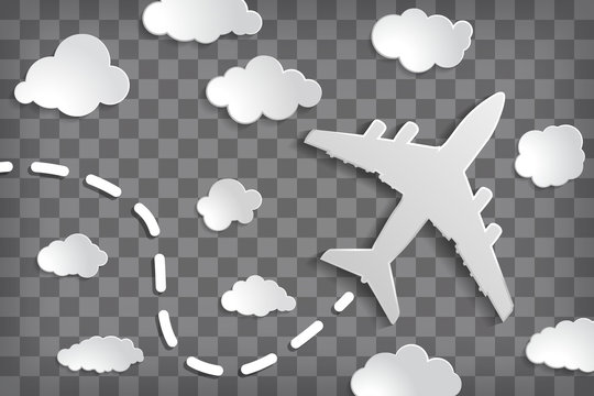 paper airplane with clouds on a chequered air background.  Chequered sky travel background.