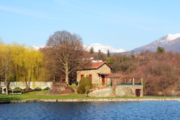 Fototapeta na wymiar Sirio lake near the beautiful mountains, Italy, Europe.