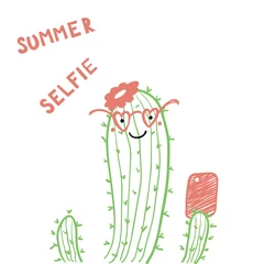Sierkussen Hand drawn portrait of a cute funny cactus in glasses with a smart phone, taking selfie. Isolated objects on white background. Line drawing. Vector illustration. Design concept for children print. © Maria Skrigan