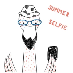 Sierkussen Hand drawn portrait of a cute funny flamingo in glasses with a smart phone, taking selfie. Isolated objects on white background. Line drawing. Vector illustration. Design concept for children print. © Maria Skrigan