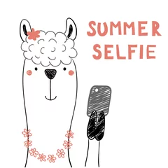 Sierkussen Hand drawn portrait of a cute funny llama in flower chain with a smart phone, taking selfie. Isolated objects on white background. Line drawing. Vector illustration. Design concept for children print. © Maria Skrigan