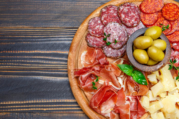 Meat and cheese plate with salami sausage, chorizo, parma and parmesan cheese