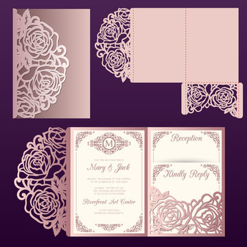 Die laser cut wedding card vector template with roses pattern. Tri fold pocket envelope.Wedding lace invitation mockup.