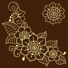 Henna tattoo flower template and border. Mehndi style. Set of ornamental patterns in the oriental style.