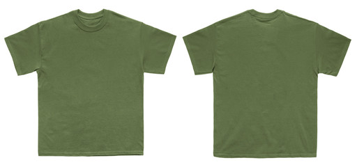 Blank T Shirt color military green template front and back view on white background