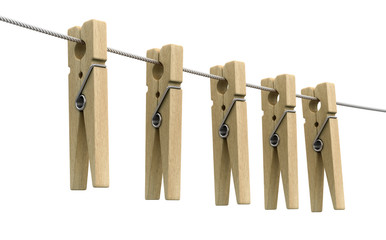 Wooden clothespins on rope. Image with clipping path
