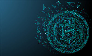 Blue network connection bitcoin cryptocurrency. Shiny triangles and hexagons. Abstract space with stars design. Techno modern bitcoin logo style. Vector illustration. EPS 10.