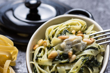 Pasta Tagliatelle with Green Baby Spinach, Gorgonzola Cheese and Pine Nuts