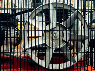 Air compressor system: manometer, cable, gun and accessories, closeup.