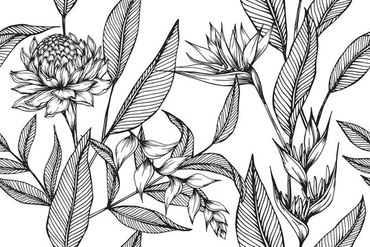 Hawaiian pattern seamless background with flower and leaf  drawing illustration. 