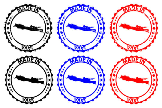 Made in Java - rubber stamp - vector, Java map pattern - black, blue and red