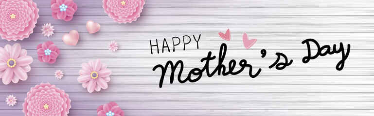 Naklejka na ściany i meble Happy mothers day message and pink flowers with hearts on wood texture background vector illustration
