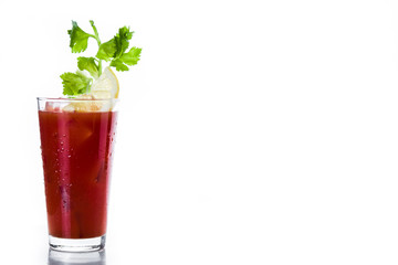 Bloody Mary cocktail in glass on white background. Copyspace

