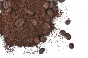 top view on coffee bean in ground  coffee  on white background