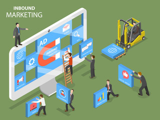 Inbound marketing flat isometric vector concept. People are trying to design a composition on the pc monitor that shows the major points of advertising strategy.