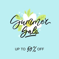 Summer sale - vector illustration with handwritten text, flowers, leaves and lips on the background.