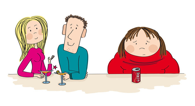 Young dating couple sitting in the bar, drinking cocktail. Fat woman sitting next to them with coke in front of her, feeling sad and alone. Original hand drawn illustration.