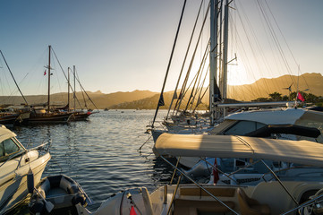 Sunset view of bay of Ortakent, Mugla province, Turkey.