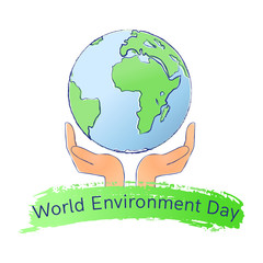 World Environment Day logo with earth and hands.Isolated on white background. Vector illusrtation