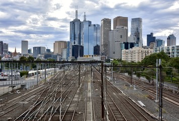 Fototapeta na wymiar Melbourne city skyline from Richmond, looking out over train lines