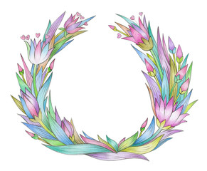 Fototapeta na wymiar Flowers and leaves, abstract, circle, floral frame, isolated on white.