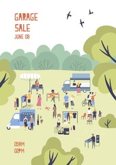 Modern flyer or poster template for garage sale or outdoor festival with food trucks, walking people, men and women buying and selling goods at park. Flat cartoon vector illustration for event promo.