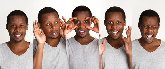 Set of black man's portraits with different emotions © Prostock-studio
